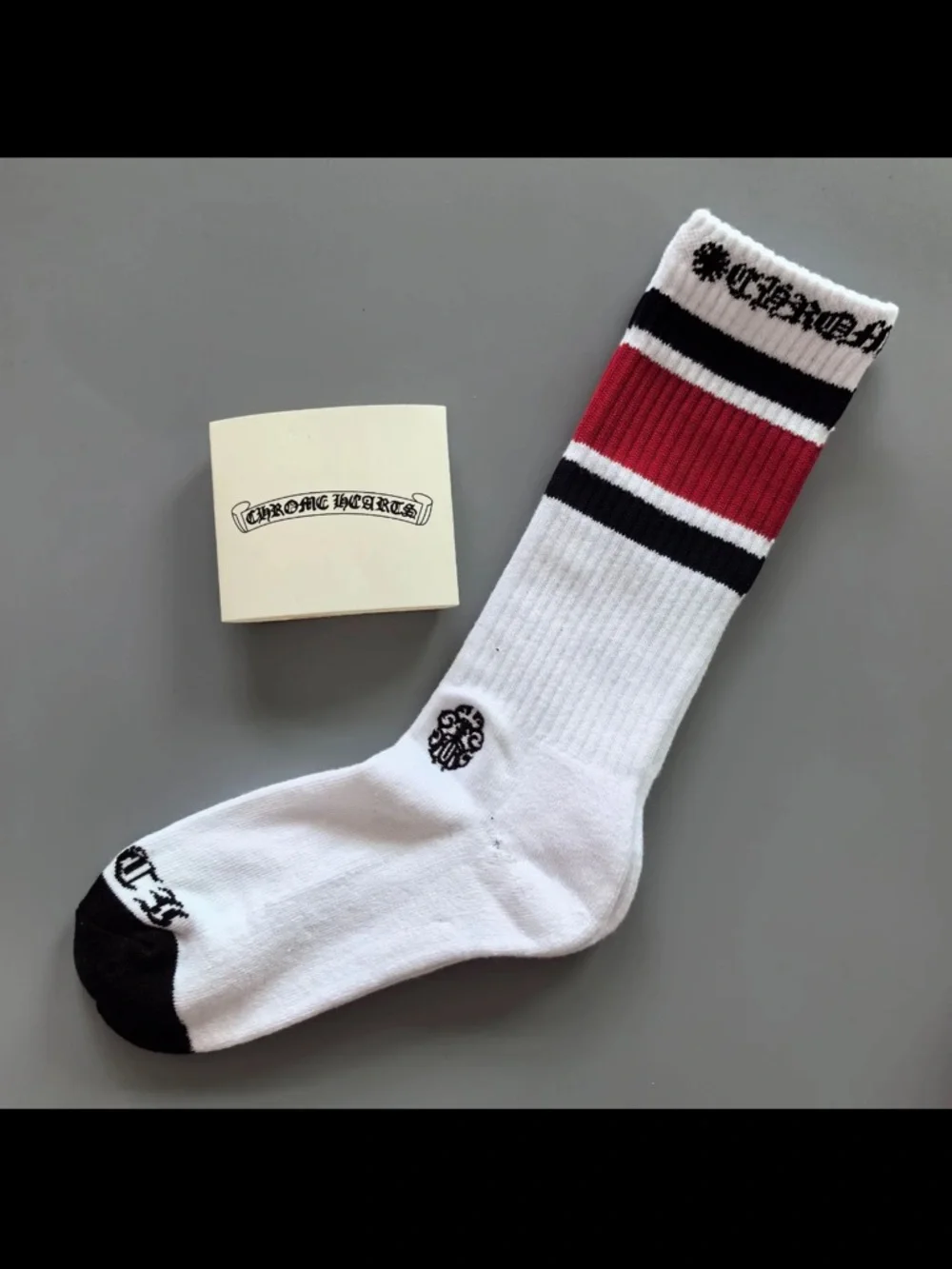 Chrome Hearts White Crew Socks with Red and Black Stripe Accents